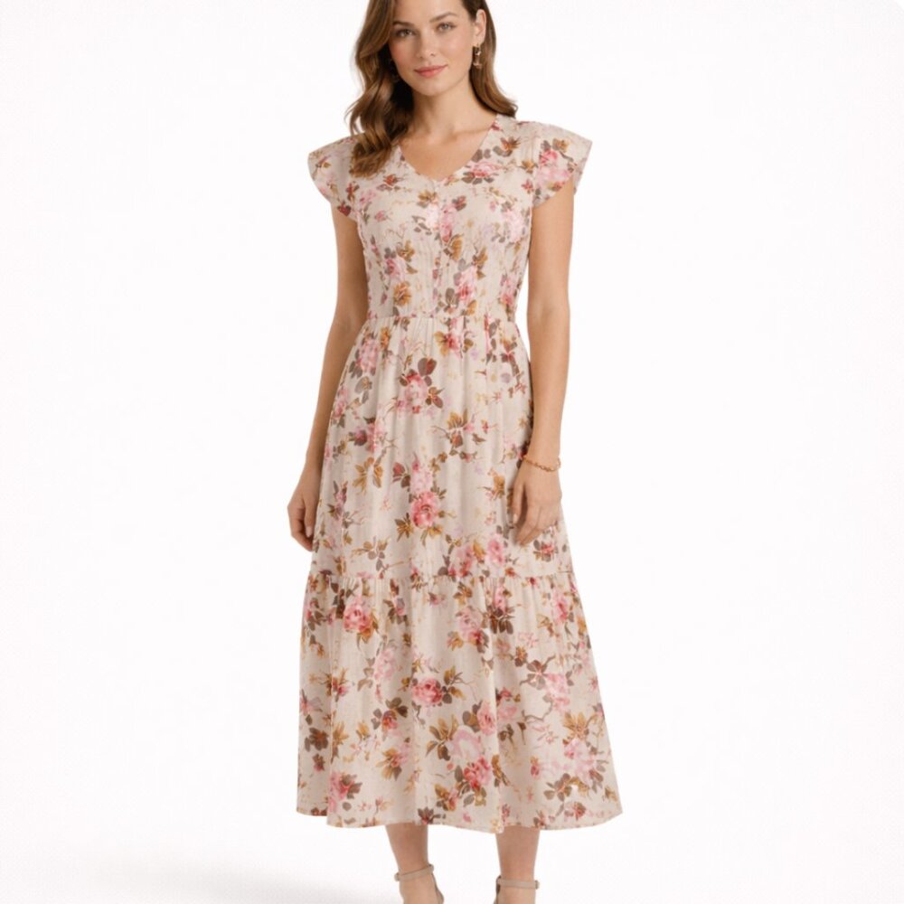 Sea New York Floral Cotton Midi Cap Sleeve 100% Cotton Smocked Bodice Sundress